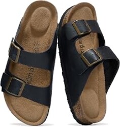 Project Cloud 100% Genuine Leather Womens Sandals Slides for Women (Venita) | Cork Footbed Sandals for Women with Memory Foam and Arch Support Vacation Essentials Slides for Women Footwear Flat Sandals