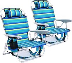 Canpsky 2 Pack Lightweight Portable Camping Beach Chair for Adults, Outdoor Lay Flat Folding Beach Chairs with 5 Positions, Backpack Beach Chair with Towel Bar, Zipper Pouch, Cup Holder, Ocean Striped