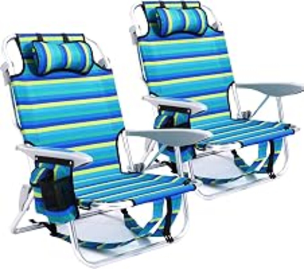 Canpsky 2 Pack Lightweight Portable Camping Beach Chair for Adults, Outdoor Lay Flat Folding Beach Chairs with 5 Positions, Backpack Beach Chair with Towel Bar, Zipper Pouch, Cup Holder, Ocean Striped