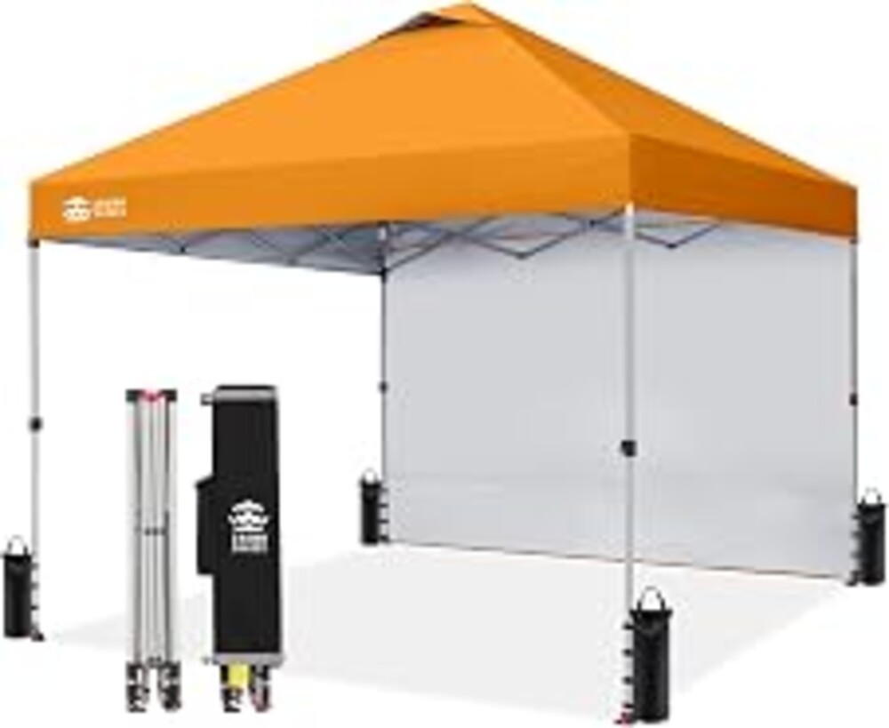 CROWN SHADES 10x10 Pop Up Canopy with 1 Side Wall, Beach Tent, Orange | One Push Setup Shelter, Outdoor Gazebo & Sun Shade for Events, Parties, Camping, 150D Silver-Coated Fabric, STO-N-Go Bag