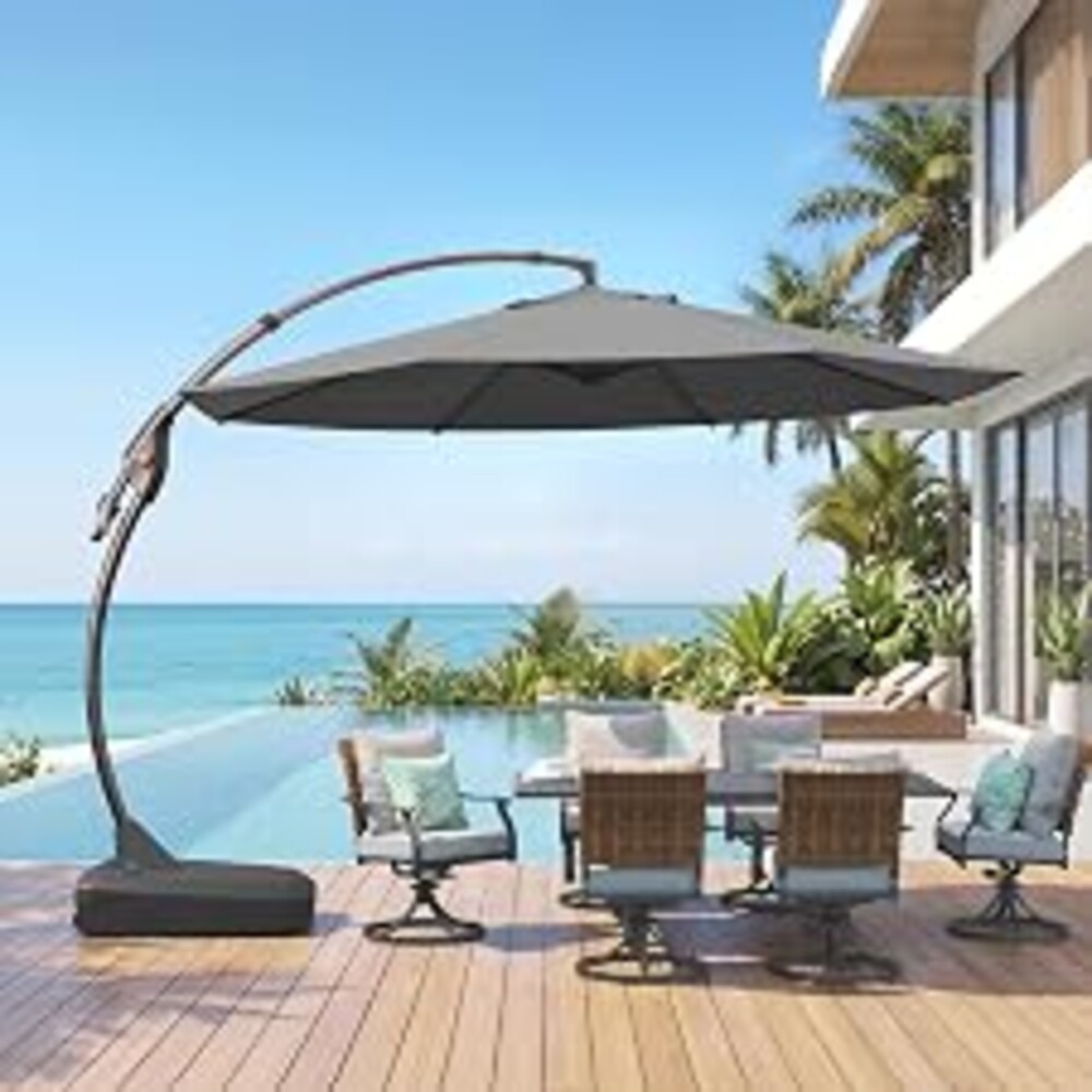 Grand patio 12FT Outdoor Offset Umbrella Large Round Aluminum Cantilever Umbrella with Base for Garden Deck Poolside (Gray, 12 FT)