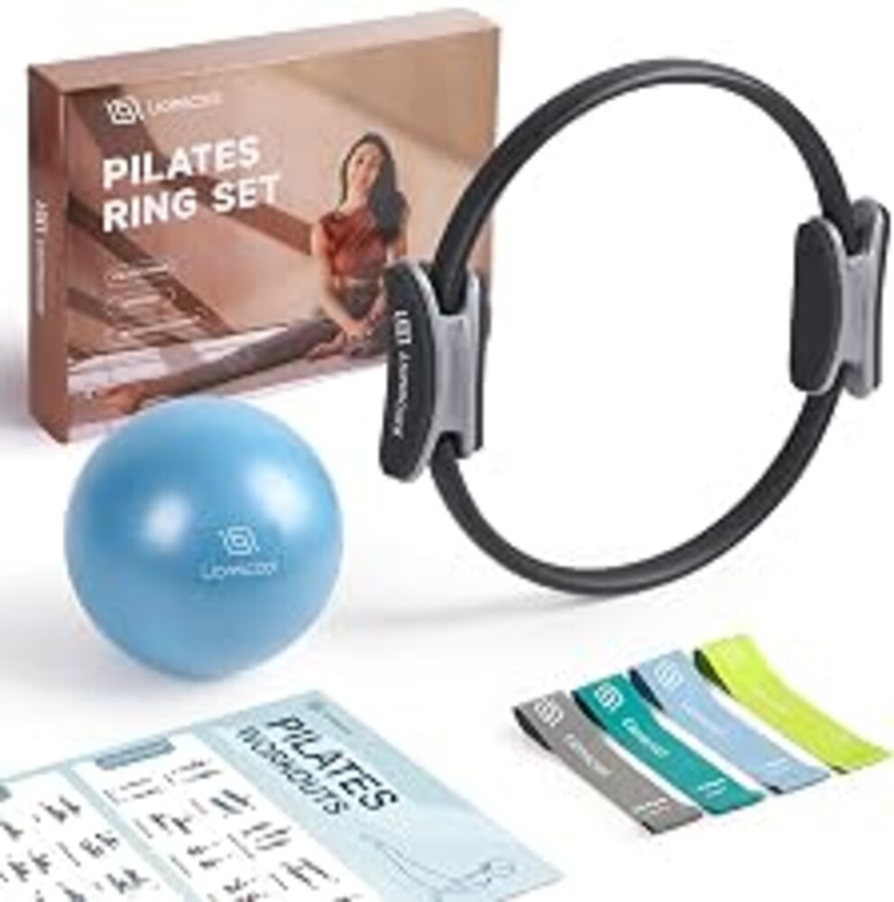 LIONSCOOL Pilates Ring Set 14" Magic Circle, 9" Mini Ball, Resistance Bands | Foam-Padded Fiberglass Pilates Ring, 400 lb Anti-Burst Ball, Latex Bands, Guide & Bag, Pilates Equipment Kit for Home Workout