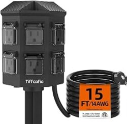 TiFFCOFiO Outdoor Power Strip Weatherproof, 15 FT Extension Cord with Stake, 6 Grounded Outlets for Christmas Yard Decorations and Inflatables, 15A/1875W, ETL Listed
