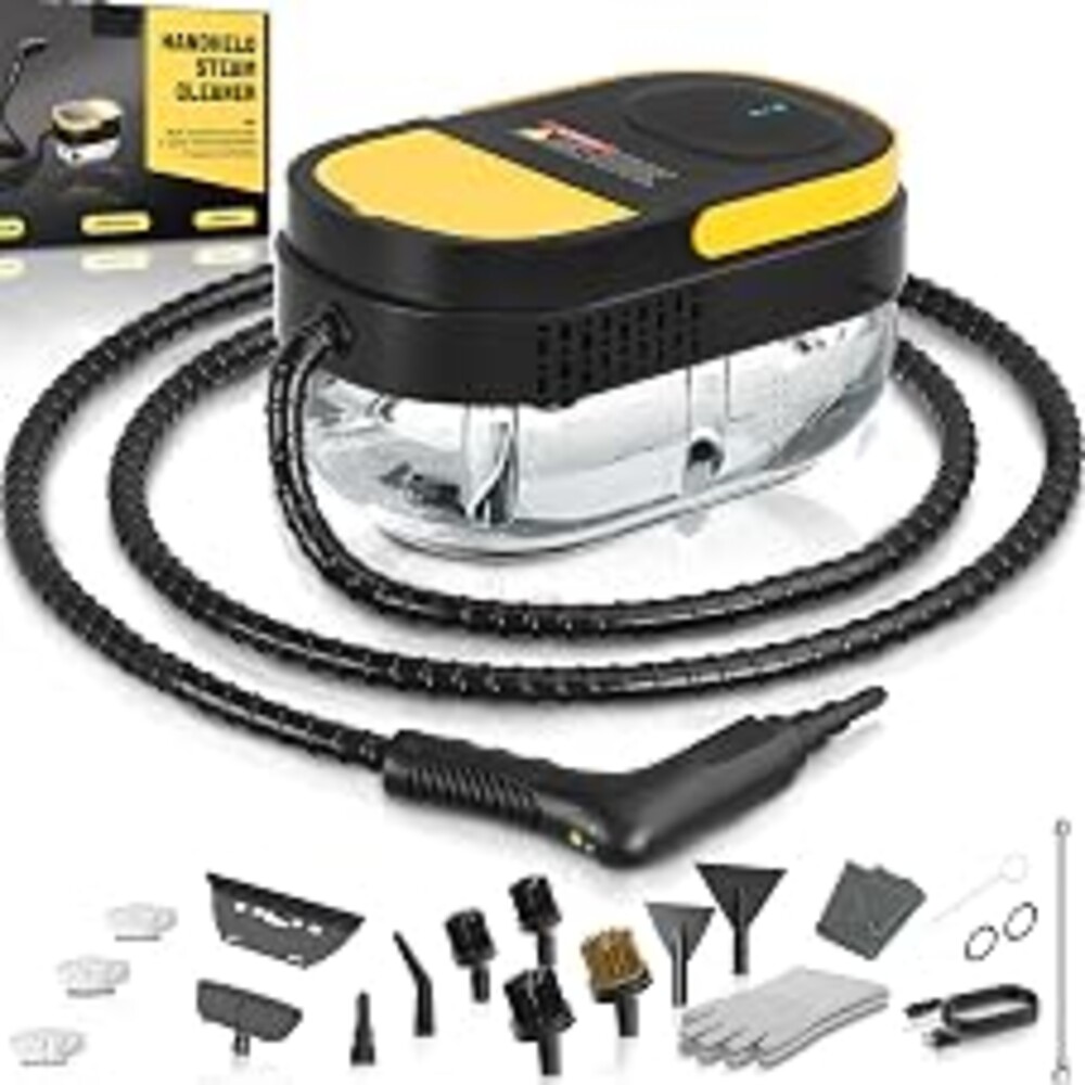 Gautye Steam Cleaner, 3 Level Adjustable Handle with 15 Accessories, Black | 15s Heat Up, 1.69 Quarts Tank, Handle Steam Cleaner for Home, Steamer for Cleaning for Kitchen, Grout, Dirt, Tile, Floor, Car