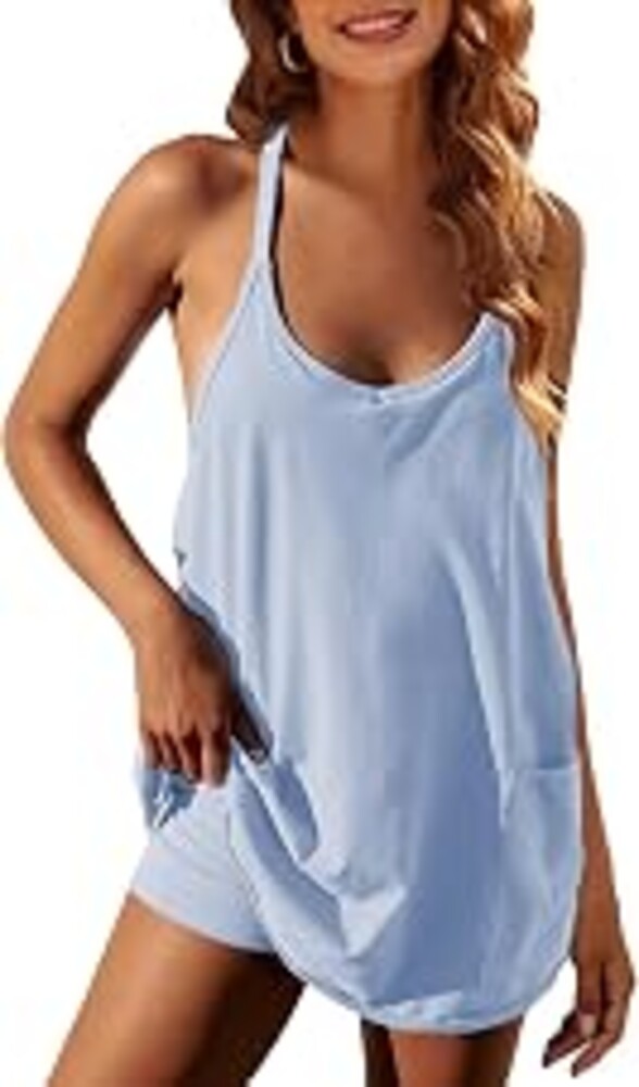 Zhiyouni Women's Summer Sleeveless Mini Dress V Neck Spaghetti Straps Athletic Built-in Shorts Sundress
