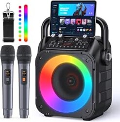 CYY Karaoke Machine, Portable Bluetooth Speaker with 2 Wireless Microphones | Immersive Sound, 5 Light Modes, PA System, TWS USB TF AUX FM, for Adults and Kids, Home Party, Outdoor, Home System Packages
