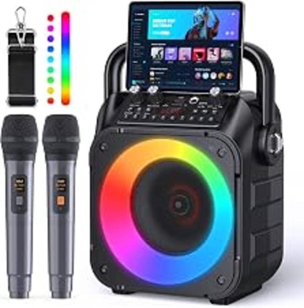 CYY Karaoke Machine, Portable Bluetooth Speaker with 2 Wireless Microphones | Immersive Sound, 5 Light Modes, PA System, TWS USB TF AUX FM, for Adults and Kids, Home Party, Outdoor, Home System Packages