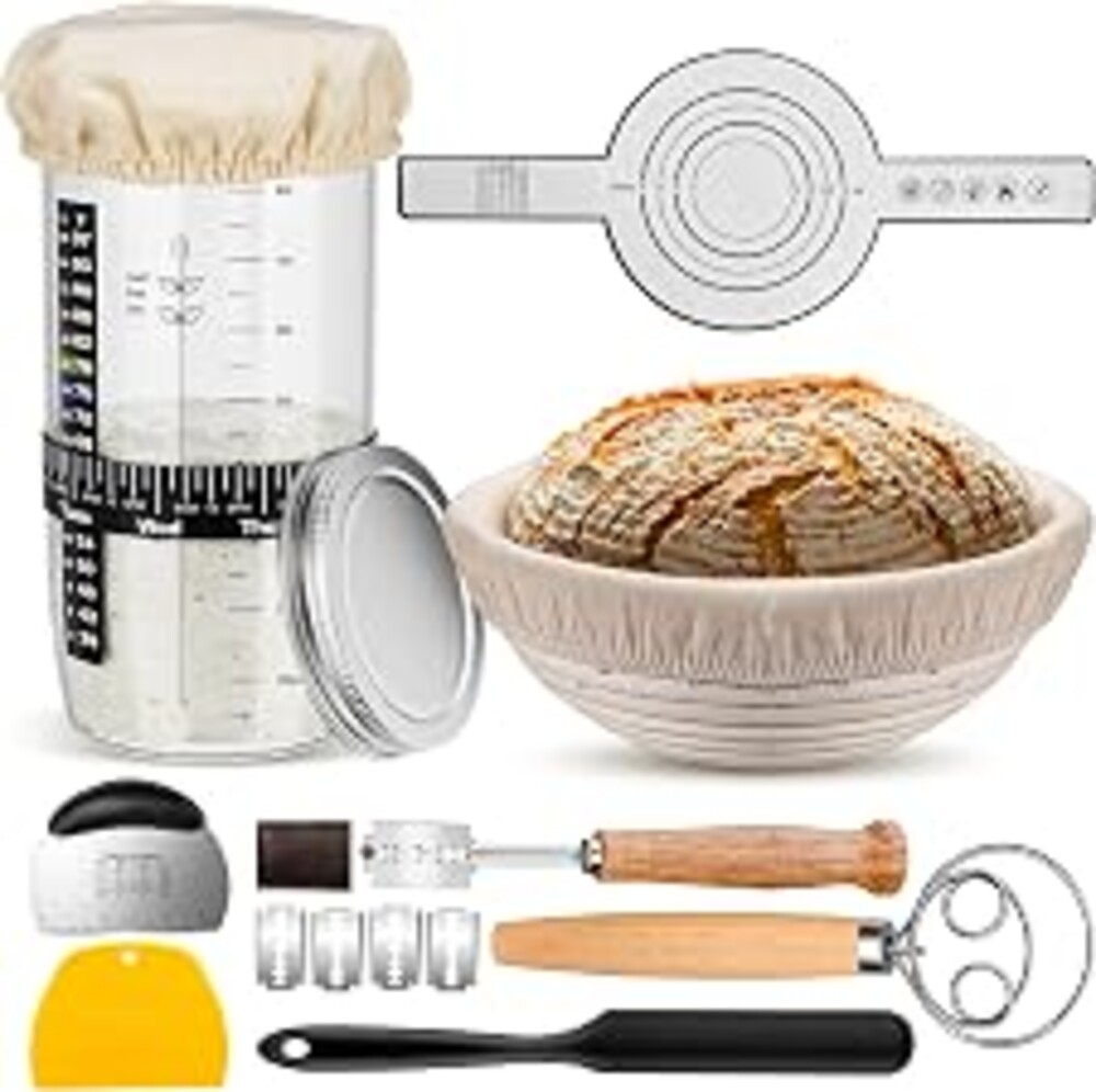 Sourdough Starter Kit,9''Round Proofing Basket,36oz Sourdough Starter Jar | Bread Lame, Dough Scraper, Dough Whisk & Silicone Bread Sling
