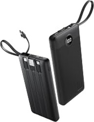 Coowisty Portable Charger with Built-in Cables, Slim 10000mAh Power Bank with USB C, Travel Essentials External Battery Pack 5 Outputs 2 Inputs LED Display Compatible with iPhone/Android & More(Black)