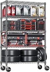 IZEUK 5-Tier Adjustable Heavy Duty Steel Wire Shelving Unit with Wheels, Storage Rack Organizer for Garage, Kitchen, Office, Laundry, Basement (Black, 17.7" D x 47.2" W x 76.7" H, 1750 lbs Capacity)
