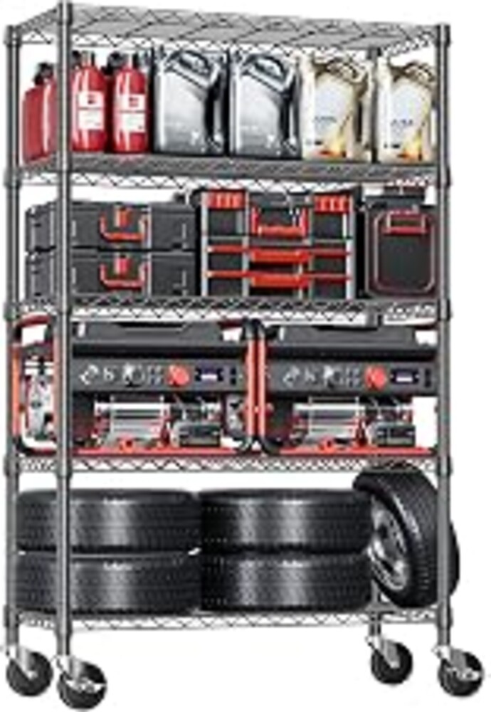 IZEUK 5-Tier Adjustable Heavy Duty Steel Wire Shelving Unit with Wheels, Storage Rack Organizer for Garage, Kitchen, Office, Laundry, Basement (Black, 17.7" D x 47.2" W x 76.7" H, 1750 lbs Capacity)