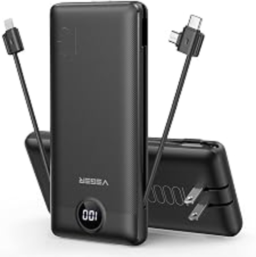 VEGER Portable Charger for iPhone, Power Bank Built in Cable and Wall Plug | 10000mAh All in One USB C External Battery Pack, Travel Essentials, Compatible with iPhone, iPad, Samsung, Android, Black