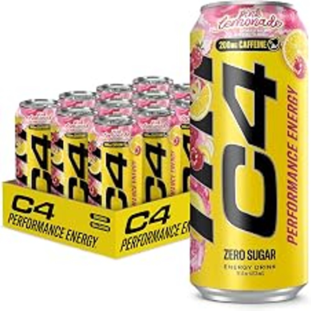 C4 Performance Energy Drink, Pink Lemonade – Zero Sugar Carbonated Pre-Workout Energy, 200mg Caffeine with Beta Alanine, 16 Fl Oz Cans (12 Pack)