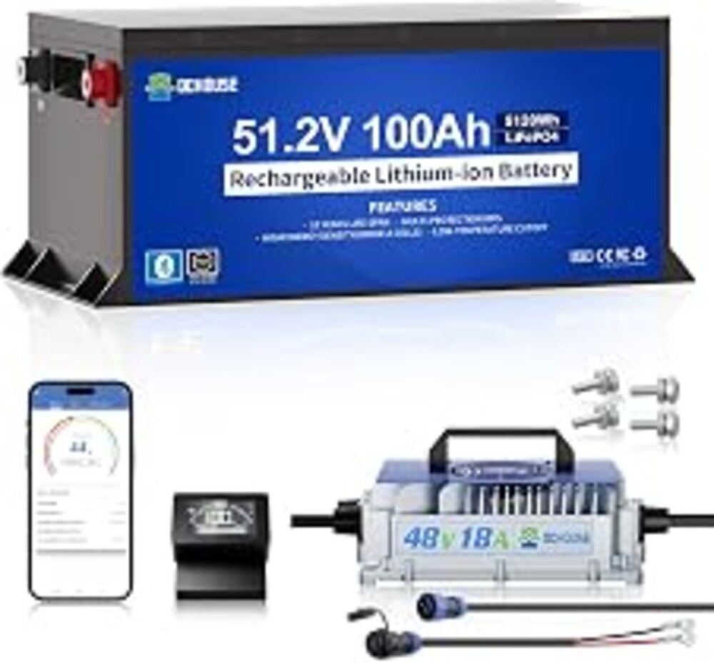 DC HOUSE Metal Case 48V 100Ah Lithium Golf Cart Battery Kit w/ 18A Charger | 200A BMS Lifepo4 Battery with 48V 18A Charger, Bluetooth Mobile APP & LCD Monitor, Peak Current 670A