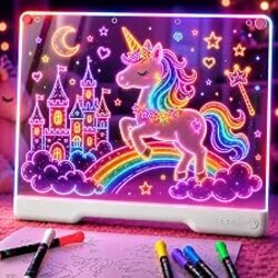 Geokay 16" Rechargeable LED Drawing Board with 9-Color Light Effects | Birthday & Christmas Gift Idea for Girls/Boys/Kids/Teens, Doodle Neon Glow Pad with Built-in Stand Tracing Book & 7 Markers