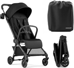 Mompush Nexis Carbon Fiber Lightweight Travel Stroller, Carry-On, Black | Lightweight travel stroller for airplane, compact auto-fold, one-hand recline, XL basket, cup holder, rain cover included