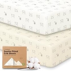 2pk Organic Cotton Crib Sheets for Boy Girl 52x28 (Bumble Bear) | Fitted Crib Mattress Sheet Neutral, Breathable Cover for Baby Bed Set, Toddler Mattress, Soft & Cute Prints
