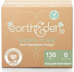 Earth & Eden Sensitive Baby Diapers, Size 6, No Harsh Chemicals, 136 ct | Eco-Conscious, Hypoallergenic, No Harsh Chemicals, Dermatologically Approved