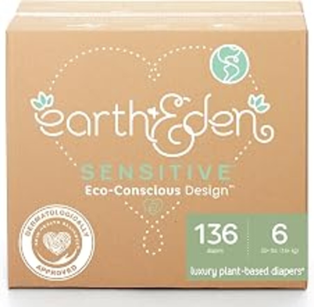 Earth & Eden Sensitive Baby Diapers, Size 6, No Harsh Chemicals, 136 ct | Eco-Conscious, Hypoallergenic, No Harsh Chemicals, Dermatologically Approved