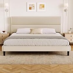 GRUSIGN King Size Platform Bed Frame with Velvet Headboard, Adjustable Height Wooden Slats Support, Upholstered Mattress Foundation, Fits Mattress or Mattress with Box Spring, Easy Assembly, Beige