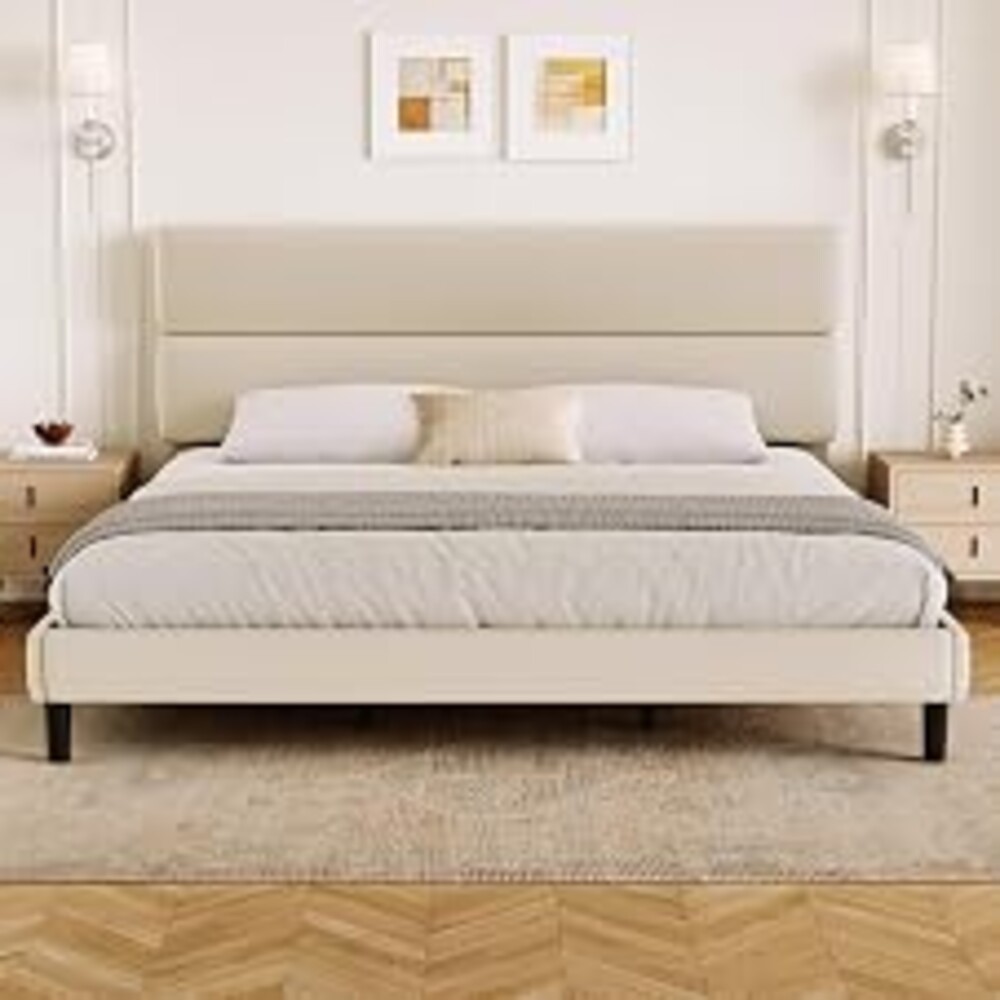 GRUSIGN King Size Platform Bed Frame with Velvet Headboard, Adjustable Height Wooden Slats Support, Upholstered Mattress Foundation, Fits Mattress or Mattress with Box Spring, Easy Assembly, Beige