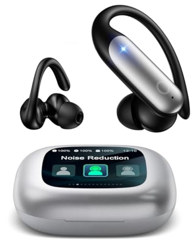 LEEMC Wireless Earbuds, Bluetooth Headphones 6.0, Ear Buds with Touch Screen, ANC ENC Noise Cancelling, 40H Bass Stereo Sound Over-Ear Earphones for iOS, Android, Sports, Workout，Silver