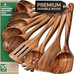 Wooden Spoons for Cooking – 10 Pcs Non Toxic Teak Kitchen Utensils Set | Includes spatula, turner, ladle, skimmer, pasta server & salad fork; heat resistant, nonstick safe, easy to clean