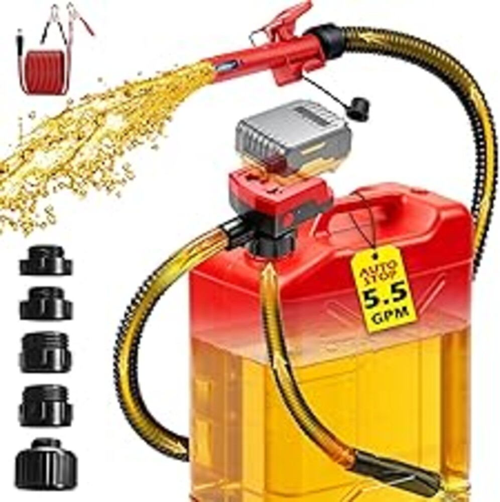 5.5 GPM Cordless Fuel Transfer Pump with Auto Shut-Off & Beep Alert, 57"Hose & 5Adapters, Compatible with DeWalt 20V & Milwaukee 18V Batteries, Portable Gas Can Pump for Gasoline andDiesel (Bare Tool)