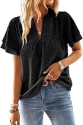 Falechay Womens Tops Butterfly Sleeve V Neck Blouses for Women Dressy Casual Flowy Swiss Dot Ruffle Short Sleeve Shirts