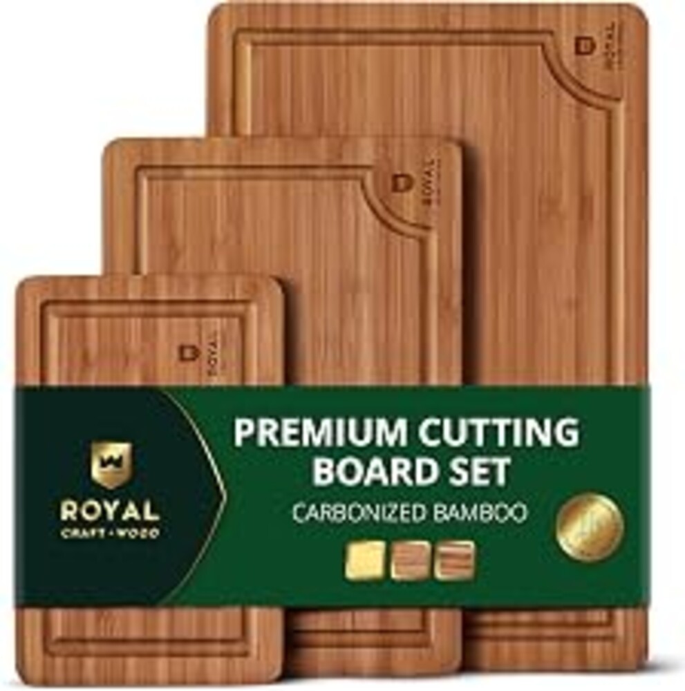ROYAL CRAFT WOOD Wooden Cutting Boards for Kitchen Appliances - Non Toxic Bamboo Wood Cutting Board Set with Deep Juice Groove, Side Handles, Charcuterie & Butcher Block for Meat, Meal Prep & Serving