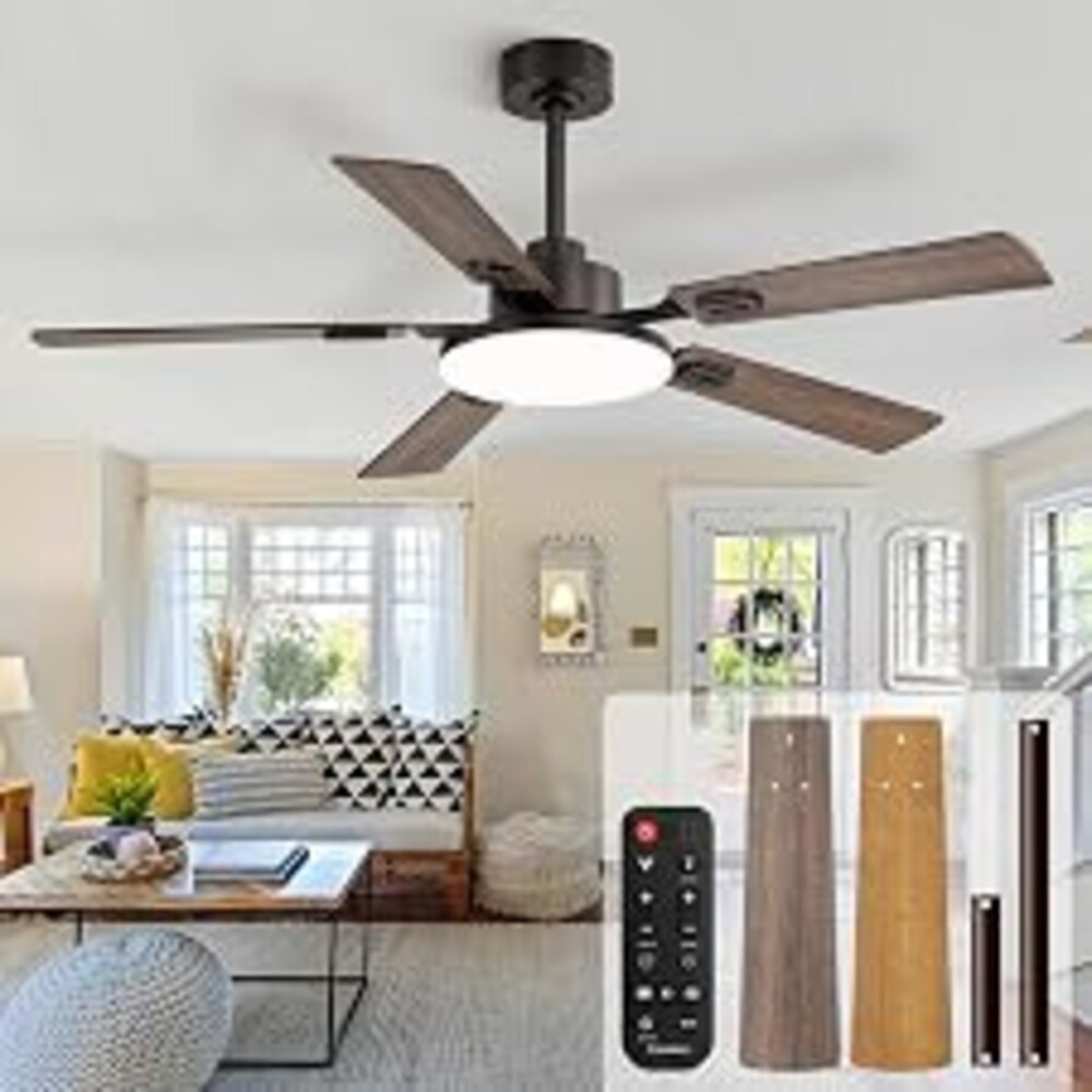 Conciseer 52 Inch Ceiling Fans with Lights and Remote for Bedroom Living Room Kitchen Office, Indoor/Outdoor Use, 6CCT Dimmable, 5 Blades 6 Speed Reversible Quiet DC Motor, Brown/Wood Grain