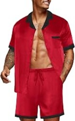 Ekouaer Men Silk Pajamas Set 2 Pieces Satin Pj Button Down Loungewear Sets | Shirt and Shorts,Sleepwear,Drawstring,Pockets,Short Sleeve,Matching Set,Breathable,Soft,Men's Gift for Birthday,Summer,Fall