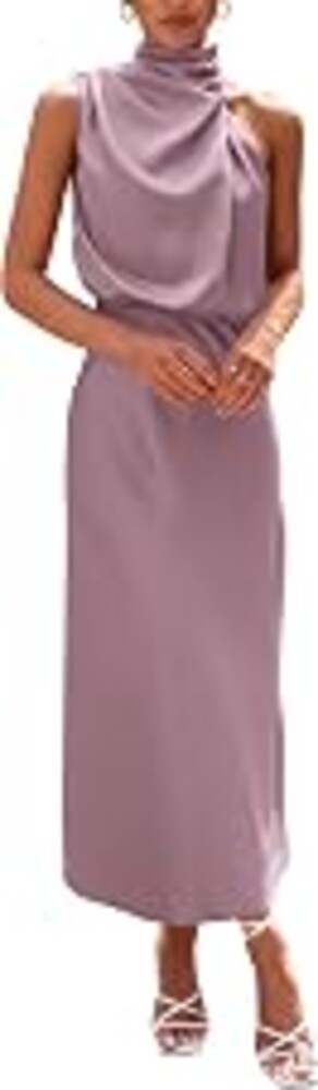 PRETTYGARDEN Women's Summer Satin Maxi Cocktail Dress | Silk Fabric,Sleeveless Mock Neck,Fit and Flare,Asymmetrical Long Dresses,Elegant Formal,Wedding Guest Party,Cruise Outfits