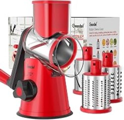 Geedel Rotary Cheese Grater Hand Crank, Cheese Shredder Vegetable Slicer | 3 Blades, 430 Stainless Steel, 12x Fast Cutting, Strong Suction Base, No BPA, Dishwasher Safe, for Cheese, Veggie, Nut