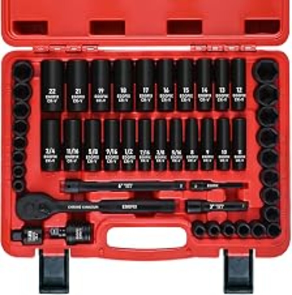 EGOFIX 3/8" Drive Impact Socket Set, 50 Piece Standard SAE (5/16 to 3/4 inch) and Metric (8-22mm) 6 Point, with Adjustable Ratchet Handle, Extension Bars, Impact Universal Joint, Adapter, Cr-V Steel