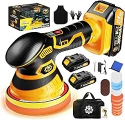 Niusken Cordless Car Buffer Polisher kit, DA Polisher with 2*21V Batteries | 2x 21V 2000mAh Batteries, 6-speed, LED Display, Random Orbital, 18 pcs Assorted Polishing Pads for Car Detailing-Yellow