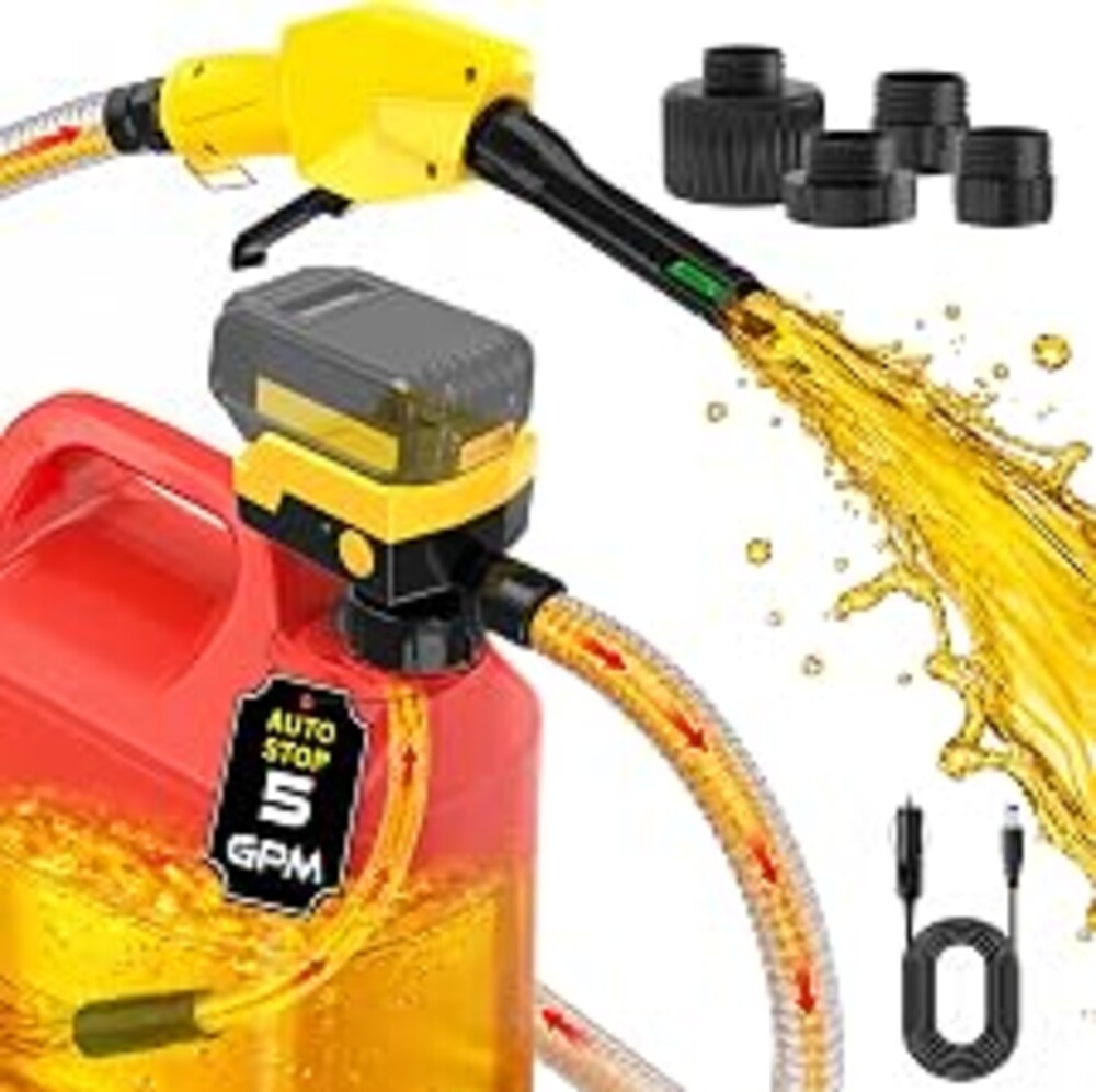 Keimi 5 GPM Cordless Fuel Transfer Pump with Auto-Stop & Hand Trigger Nozzle, Compatible with DeWalt 20V & Milwaukee 18V Batteries, Gas Can Pump for Gasoline/Diesel, 51" Hose & 4 Adapters (Bare Tool)