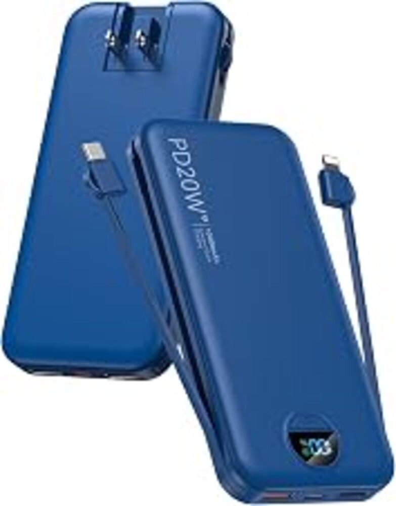 citicr Portable Charger 10000mAh PD20W w/Built-in Cables & Wall Plug Navy | Fast charging, Built-in wall plug, LED display, Charge 5 devices at once, Pass through charging, TSA approved, Pocket size