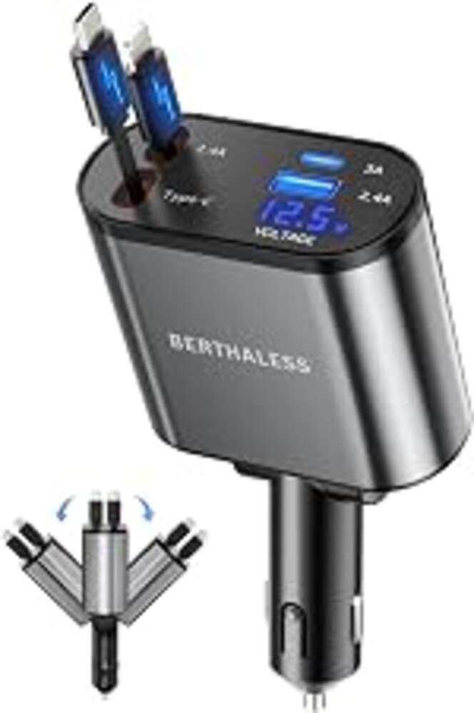 BERTHALESS Retractable Car Charger, 4 in 1 Fast Charging Car Charger with USB-C & USB-A, Compatible with iPhone 17/16/15/14/13/12/11,Galaxy,Pixel,Car Accessories Gifts for Fathers Day,Husband,Men,Dad