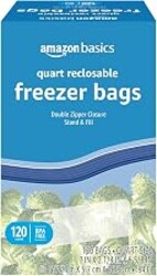 Amazon Basics Reclosable Freezer Quart Food Storage Bags with Zipper Seal, BPA Free, Stand and Fill, Airtight, 120 Count (Previously Solimo)