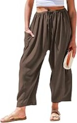 TARSE Womens Linen Wide Leg Pants Casual Palazzo Harem Pants with Pockets | Loose Fit Drawstring Baggy Pants, Casual Summer Pants, Lounge Barrel, Summer Beach Travel Vacation Trousers