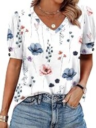 OFEEFAN Womens Tops Short Sleeve Shirts Buttons V Neck Spring Fashion Summer Outfits Plus Size Blouses Dressy Casual