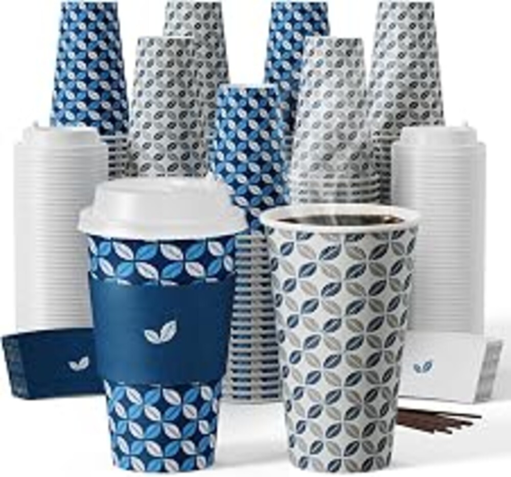 JOLLY CHEF 16 oz Coffee Cups with Lids 100 Pack, Disposable Hot Paper Coffee Cups with Lids, Sleeves and Stirrers for Christmas, Thanksgiving, Party