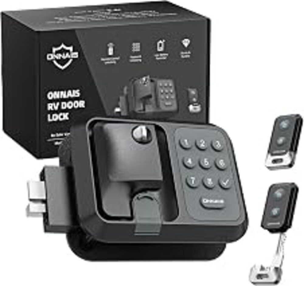 ONNAIS Keyless RV Door Lock - Fits Most Trailers & 5th Wheels | Anti-Prying Heavy Duty Full Metal, 100ft remote FOB unlock, Keyless keypad entry, Peek-proof backlit code, Weatherproof
