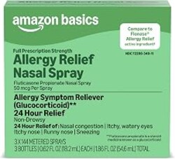 Amazon Basics 24-Hour Allergy Relief Nasal Spray, Fluticasone Propionate (Glucocorticoid) 50 mcg, Full Prescription Strength, Non-Drowsy, 0.62 fl oz (Pack of 3) (Previously Care)