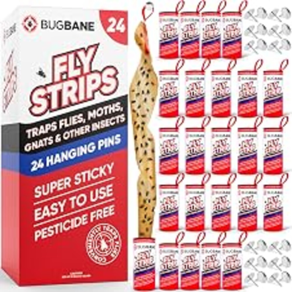 Fly Strips Indoor Sticky Hanging 24pk with Pins. Non Toxic Outdoor Fly Trap Indoor for Home. Flies Tape Paper Trap Ribbon Roll for House Gnat Fruit and Housefly. Bug Catchers for Inside Home Flypaper.