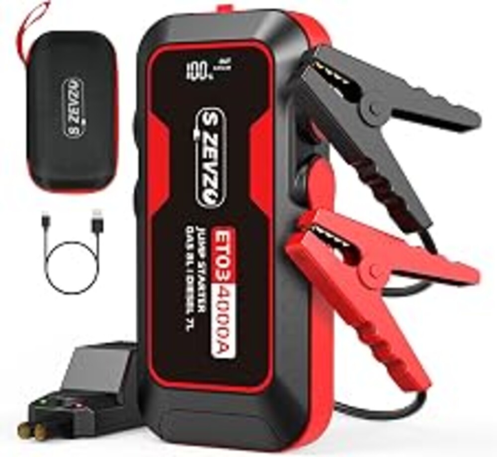S ZEVZO ET03 Car Jump Starter 4000A Jump Starter Battery Pack for Up to 8.0L Gas and 7.0L Diesel Engines, 74Wh Portable 12V Jump Box with USB Ports, LCD Display, Storage Case, and LED Light
