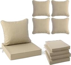 Summsun Outdoor Chair Cushions Set of 4, Faux Linen Patio Furniture Cushions, Water Resistant Backrest and Deep Seat Cushion Set with Ties, Removable Cover, Non-Slip Bottom, 24 x 24 Inch, Nature