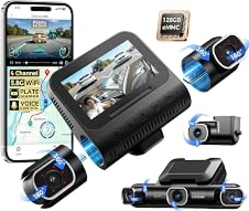 AZDOME 360° 4 Channel Dash Cam Front and Rear Inside, Built-in 128GB eMMC, 2K+1080P*3 Dashcam, Left Right, Voice Control, 5G WiFi Dash Camera for Cars with 4 Adjustable Lenses, IR Night Vision, M660