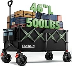 46" L Collapsible Foldable Extended Wagon, 500LB Weight Capacity with 280L Heavy Duty Folding Cart,Utility Wagon with All-Terrain Beach Wheel & Drink Holders,Black